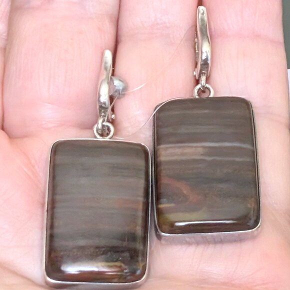 NWT Russian Russia Sterling Silver 925 Brown Petrified Wood Earrings & Ring Set - Picture 8 of 16